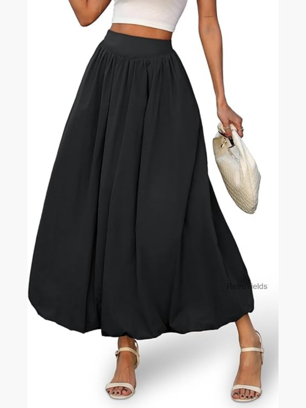 Women's Bubble Maxi Skirt Elastic Waist Puffy Hem A-Line with Pockets